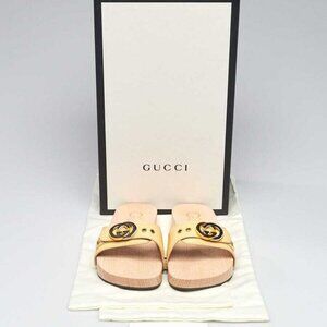 Gucci Light Yellow Leather Interlocking GG Wooden Slide Sandals Size 5